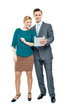 Businessman using tablet pc with secretary beside