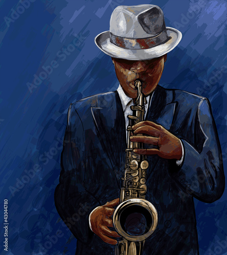 Vector: saxophonist playing saxophone on a blue background saxophonist playing saxophone on a blue background