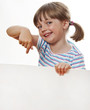 little girl pointing white blank with copy space