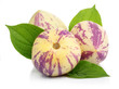 Ripe tropical Pepino fruit with green leaves isolated