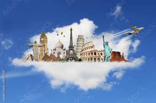 Illustration: Travel the world monuments clouds concept Travel the world monuments clouds concept