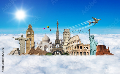 Illustration: Travel the world monuments clouds concept Travel the world monuments clouds concept