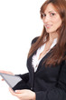 woman holding a portable computer and smiling