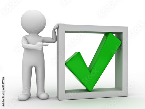 Illustration: 3d man pointing finger at green check mark in box 3d man pointing finger at green check mark in box