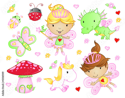 Vector: Cute Fairy Princess Flowers Bug and Animal Vector Set Cute Fairy Princess Flowers Bug and Animal Vector Set