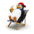 3d Penguin in baseball cap drinks sitting down