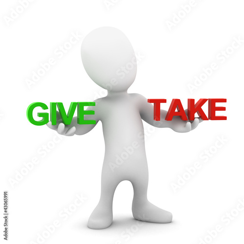Illustration: 3d Little man choose between give and take 3d Little man choose between give and take