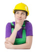 Woman worker with hardhat on white