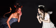 Photo: Portrait of angel and devil girls and copyspace between them. Portrait of angel and devil girls and copyspace between them.