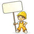 Vector illustration of a young builder with sign
