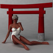 Model vor einem japanischen Bauteil