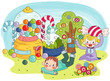 Illustration: Children playing in park made of sweet foods Children playing in park made of sweet foods
