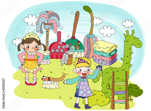 Illustration: Girls playing in garden Girls playing in garden
