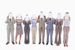 Business people hiding their faces with support for letters