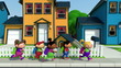 cute cartoon children running along a suburban street - loopable