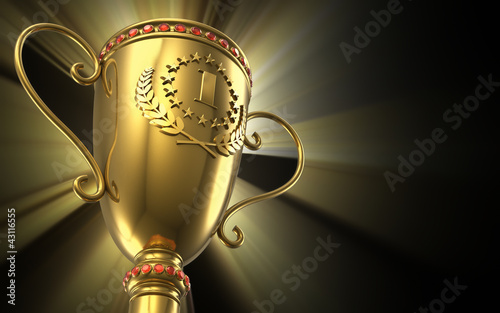 Illustration: Golden glowing trophy cup on black background Golden glowing trophy cup on black background