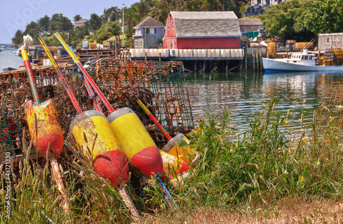 Photo: Lobster buoys and trraps in a fishing village, Maine Lobster buoys and trraps in a fishing village, Maine