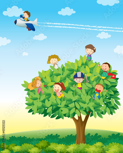 Vector: kids playing on tree kids playing on tree