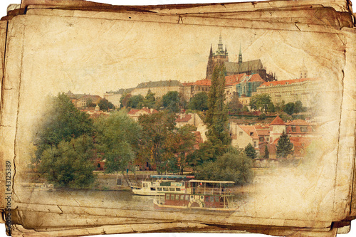 Photo: streets of Old Prague made in retro style, like postcards streets of Old Prague made in retro style, like postcards