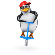 3d Penguin in baseball cap on pogo stick