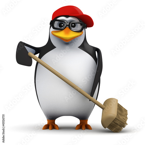Illustration: 3d Penguin in baseball cap sweeps with broom 3d Penguin in baseball cap sweeps with broom