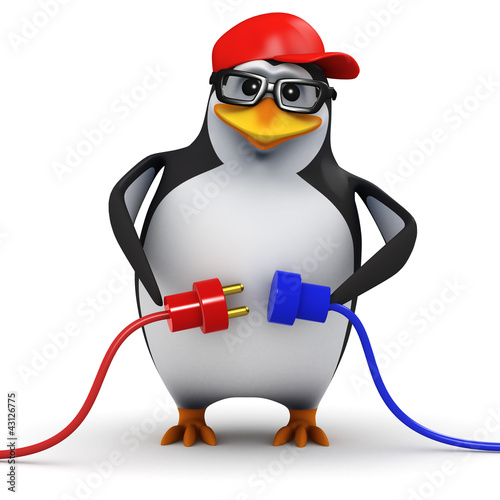 Illustration: 3d Penguin in baseball cap makes connection 3d Penguin in baseball cap makes connection
