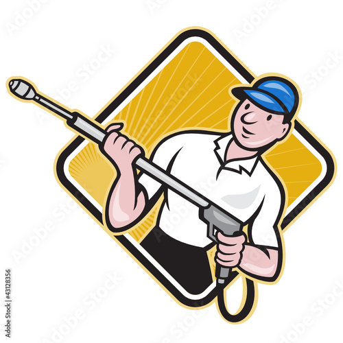 Vector: Power Washing Pressure Water Blaster Worker Power Washing Pressure Water Blaster Worker