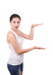 Surprised girl shows her hands the size of the