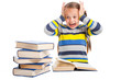 Foto: schoolgirl with horror looking at pile of books schoolgirl with horror looking at pile of books