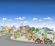 People in the street of a retro suburb neighborhood
