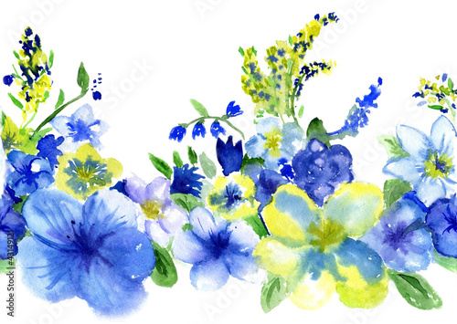 Photo: watercolor dark blue and yellow flowers on a white background watercolor dark blue and yellow flowers on a white background