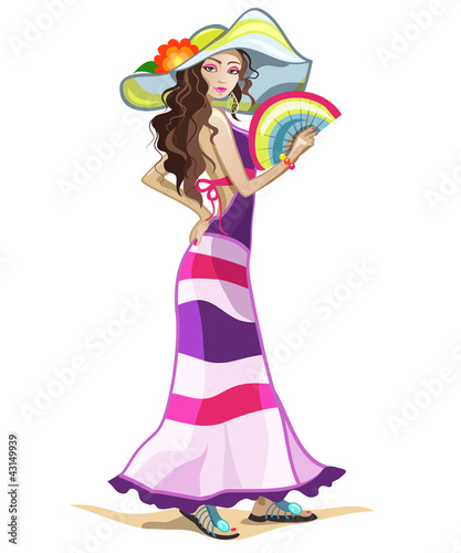 Vector: Beautiful young brunette summer girl character. Beautiful young brunette summer girl character.