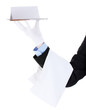 Foto: formal waiter with menu on a silver tray isolated on white formal waiter with menu on a silver tray isolated on white