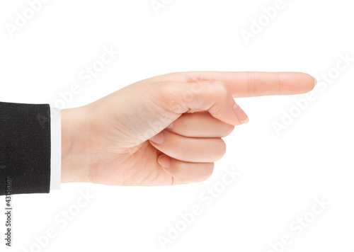 Photo: Pointing hand. Gesture of the hand on white background Pointing hand. Gesture of the hand on white background
