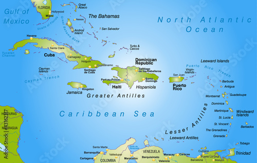 Vektor: Landkarte der Bahamas + Antillen als Übersicht Landkarte der Bahamas + Antillen als Übersicht
