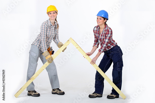 Photo: Tradeswomen building a frame Tradeswomen building a frame