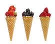 ice cream  waffle cone with berries fruits concept isolated
