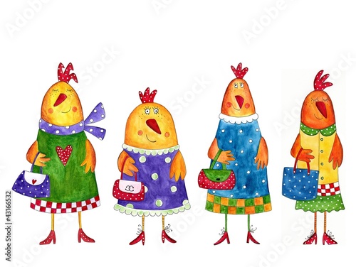 Illustration: Hens. Cartoon characters Hens. Cartoon characters