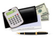 Black checkbook with check, calculator and dollars
