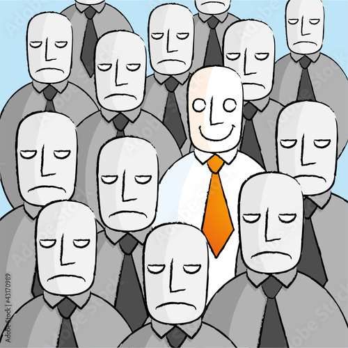 Vektor: Smiling man in a crowd of sad people Smiling man in a crowd of sad people