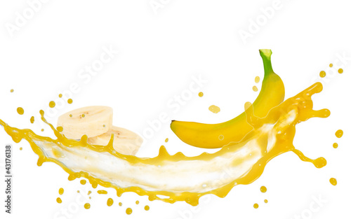 Photo: Banana with slices and splash isolated on white Banana with slices and splash isolated on white