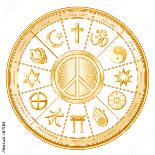 Vector: World Religions, International Peace Symbol, mandala, labels World Religions, International Peace Symbol, mandala, labels