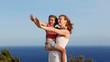 Family happy greeting goodbye in blue sea background