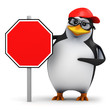 3d Penguin in baseball cap with blank road sign