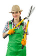 Girl with garden scissors on white