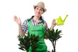 Girl watering plants on white