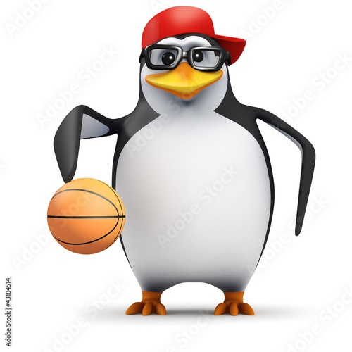 Illustration: 3d Penguin in baseball cap bounces basketball 3d Penguin in baseball cap bounces basketball
