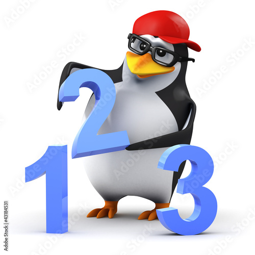 Illustration: 3d Penguin in baseball cap 123 Numbers 3d Penguin in baseball cap 123 Numbers