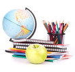 Globe, notebook stack and pencils. Schoolchild and student studi