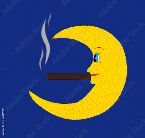 Vector: Happy fun moon smoking cigar vector illustration on blue dark sk Happy fun moon smoking cigar vector illustration on blue dark sk